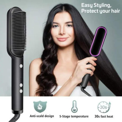 909 Hair Straightening Brush | Electric 2‑In‑1 Straightener & Curler | Heating Styling Comb | Quick 3‑Minute Styling
