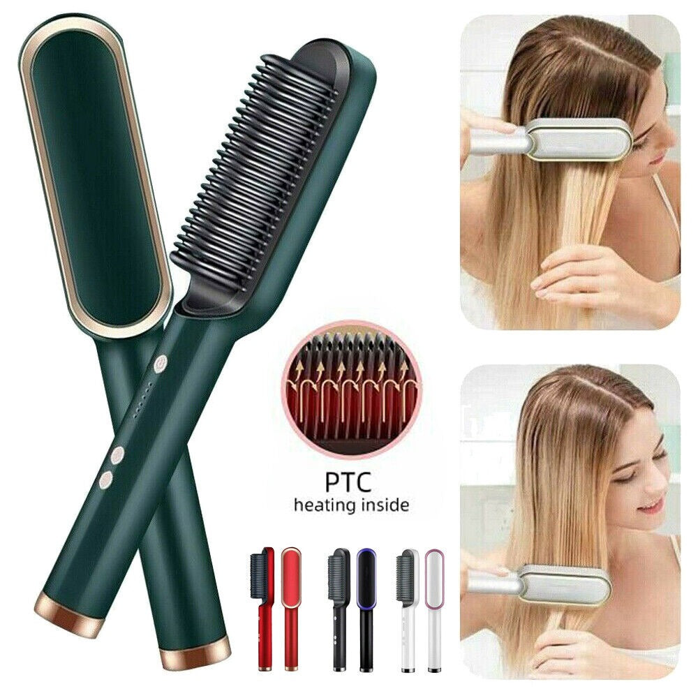 909 Hair Straightening Brush | Electric 2‑In‑1 Straightener & Curler | Heating Styling Comb | Quick 3‑Minute Styling