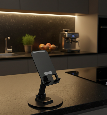Sleek Matte Black Universal Adjustable Desktop Phone Stand for Home Gym Office and Kitchen Surface Stability