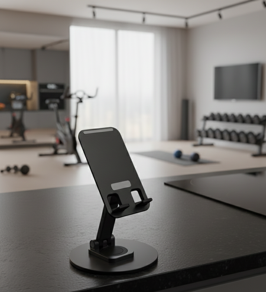 Sleek Matte Black Universal Adjustable Desktop Phone Stand for Home Gym Office and Kitchen Surface Stability