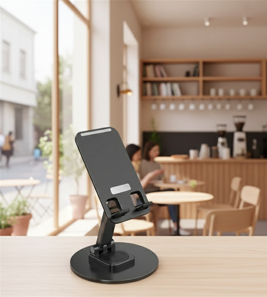 Sleek Matte Black Universal Adjustable Desktop Phone Stand for Home Gym Office and Kitchen Surface Stability